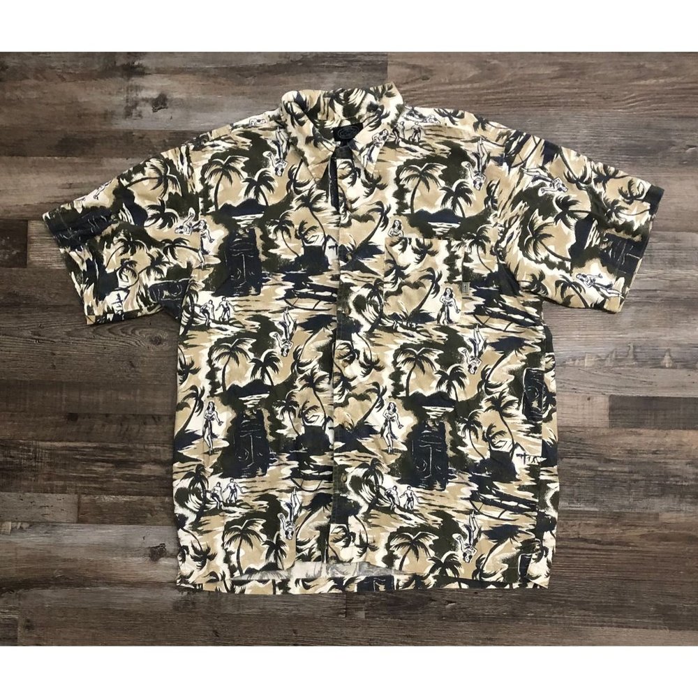 PCH Pacific Coast Highway Mens Large Hawaiian Hula Girl Button Up Shirt